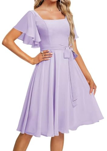 Abiti da damigella d'onore a maniche corte per matrimonio collo quadrato chiffon formale sera partito maxi abito corto AH119CZ, Lilla, 40