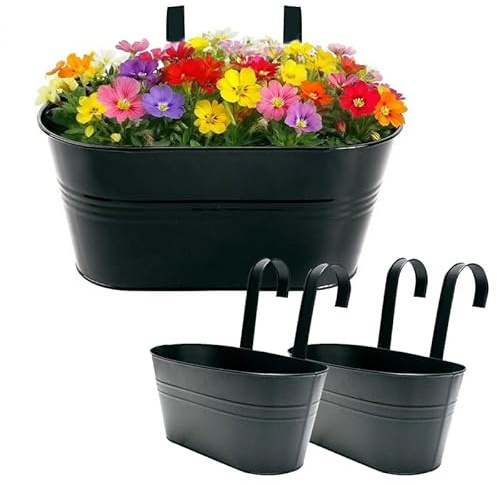RunFar shop Hängetöpfe Eisen Blumentöpfe Pflanztopf hängende für Balkon & Garten Pflanzgefäße Vintage Übertopf mit Abnehmbarer Henkel 3 Set Schwarz