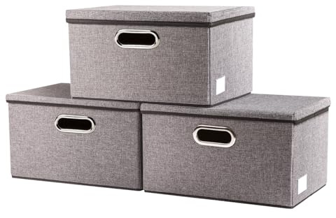 Prandom Caja de almacenamiento plegable con tapa[Paquete de 3],cajas almacenaje decorativas,Contenedor organizador de lino con asa,gris(29x22x17cm) | Caja de tela, con asa, plegable, apilable, cajas decorativas, con bolsa de etiquetas, orden y almacenamiento