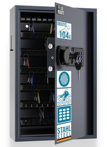 Profirst Schlüsseltresor LockGuard 104 Stahl Elektronikschloss LED Beleuchtung mechanische Notöffnung 9 verstellbare Hakenleisten 104 Haken Einwurfschlitz Innenbeleuchtung inkl. Befestigungsmaterial 1