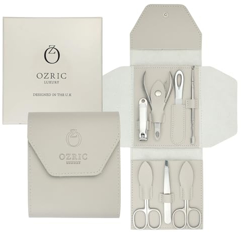 Ozric Manicure Set -7 Pcs Stainless Steel Pedicure & Nail Care kit with Nail Clipper, File, Tweezer, Cuticle Nipper, Scissors & Cleaner- Grooming Kit with Pu Leather Travel Case (Grey)