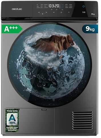 Cecotec Secadora de Bomba de Calor 9kg Bolero DressCode Dry 9400 Inverter Steel, Clase Equivalente A+++, 15 programas, Secado Automático, Planchado Fácil, Funciones Stop&Go, Delay Start, KidLock, Inox