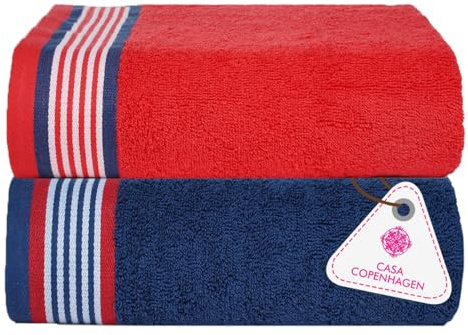 Casa Copenhagen Juego de 2 Sábanas de baño, 600GSM, Azul Americano y Rojo