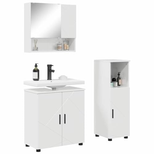 vidaXL Badrumsmöbelset 3 pcs Högblanka vita Konstruerat trä & Metall, Modern badrumsskåp, rektangulär handfat, vägghängt spegel, smart förvaring för stilren