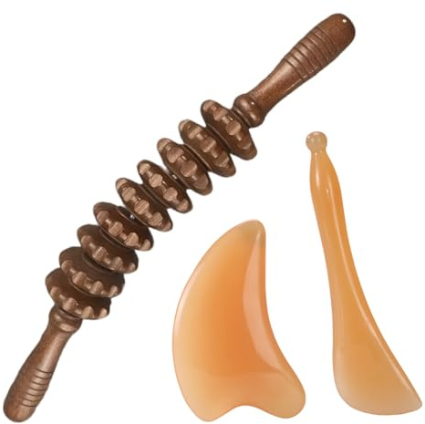 1 rouleau de massage en bois, rouleau de massage, bâton de fascia, rouleau de massage, avec 2 planches à gratter, pour la relaxation musculaire, la sculpture du corps, le massage Gua Sha