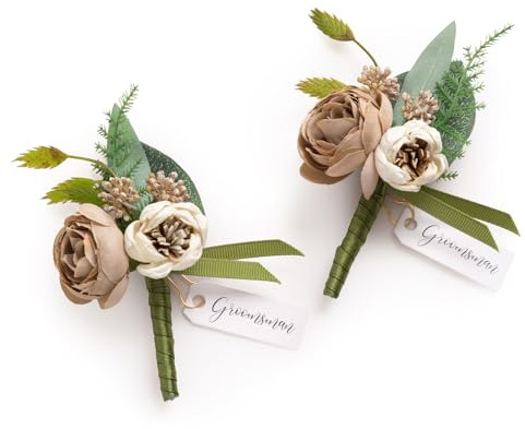 Ling's moment Boutonniere for Men, 2pcs Groom Groomsmen Guest Boutonniere, Artificial Flowers for Wedding/Prom/Homecoming, etc.Soft Peach Brown