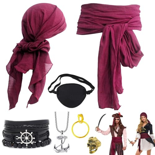 7 Stück Mittelalter Piratenkostüm Accessoires Set, Piratenkostüm Damen Herren, Karneval Kostüm, Kopftuch Augenklappe Ohrringe Halskette Armband Hüfte Tuch für Karneval, Fasching, Mottoparty, Cosplay