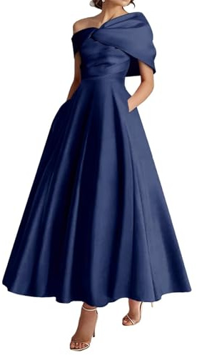 KIYNE Off Shoulder Mother of Groom Dresses for Women Wedding Guest Dress Navy Blue Tea Length Satin Mother of Bride Gown UK12