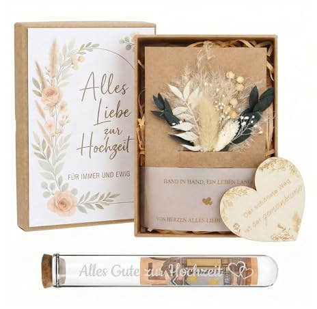Hochzeit Geldgeschenk Geschenkbox mit Karte – Stilvolle Geschenkbox aus Kraftpapier mit Trockenblumen, Reagenzglas, Geldgeschenk Hochzeit für Brautpaar