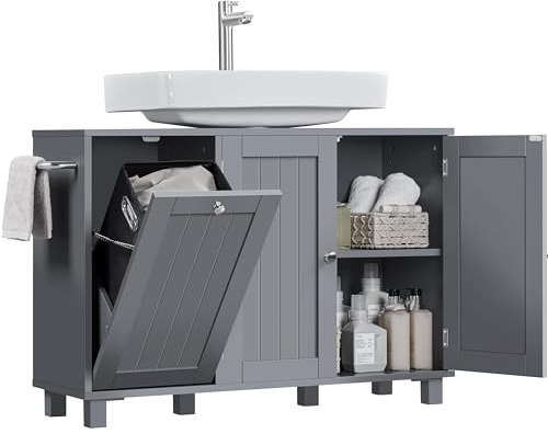 Abician Meuble Salle de Bain sous Lavabo, Meuble avec Panier à Linge Amovible, Porte-Serviettes Ajustable, 90 × 30 × 62,5 cm, Moderne, Gain de Place Gris foncé
