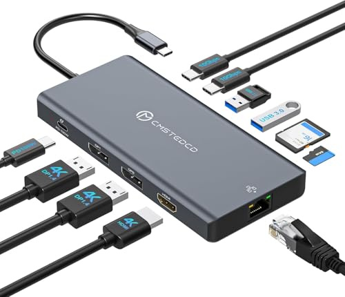 JCYMELE USB C Docking Station 3 Monitore Dual DisplayPort 4K@120Hz + HDMI 4K@60Hz, 12-in-1 Dockingstation Laptop Triple Monitors, 100WPD, 10Gbps USB 3.2, Gigabit-Ethernet