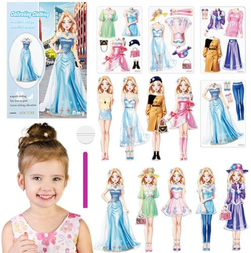 DIFLAX Magnetische Anziehpuppe mit Outfits Magnetische Papierpuppen Magnetspiel Anziehfiguren Tragbare Magnetische Prinzessinnen Dress Up Spielset für Mädchen Magnetspiel Box für Kinder (Amy)