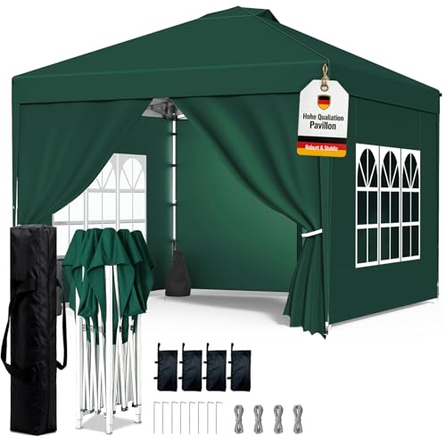 WoRaum Tonnelle 3x3m Imperméable, Toile PU1500mm & Structure Acier - Tonnelle Pliante Hivernable avec Paroi Latérale & Réglage Hauteur One-Push - (INCL. 4X Sac de Sable & Accessoires,Vert Foncé)