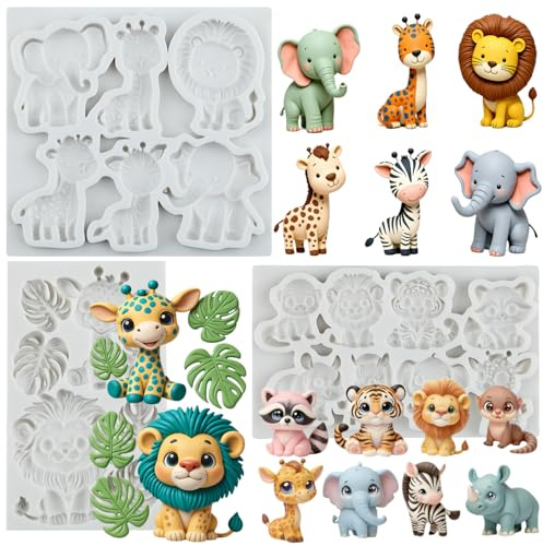 MYPRACS Safari Tier Fondantform Tropische Blatt Silikonformen 3er Set | Löwe Giraffe Elefant Fuchs Affe Tiger Zebra Schokoladen Süßigkeitenform Kuchendekoration Cupcake Topper Polymer Clay