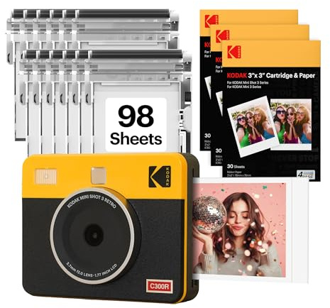 KODAK Mini Shot 3 Retro 3x3” Instant Digital Camera & Photo Printer, 98 Sheets, 2-in-1 Portable Print Camera, Bluetooth Smartphone Printer for iOS & Android, 4PASS Dye Sublimation, White
