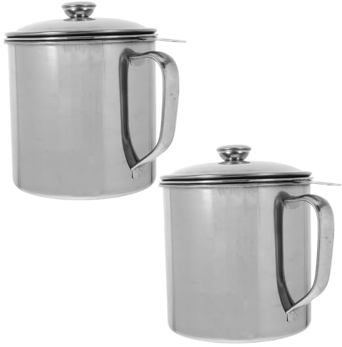 Happyyami Recipiente para Aceite Usado de Acero Inoxidable 1.3l con Colador Fino y Tapa, Paquete de 2 Unidades Adecuado para Filtrar y Almacenar Grasa en Cocina