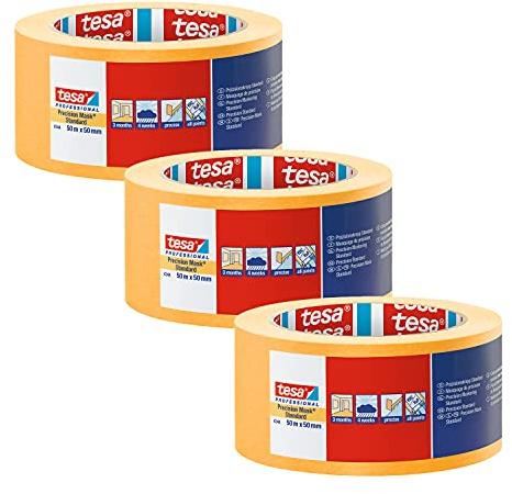 tesa Präzisionskrepp PLUS 4334-3er-Pack - 50 m x 50 mm - Gelb | Professioneller Malerkrepp mit extra dünnem Papierträger - zum besonders präzisen Abkleben und Abdecken