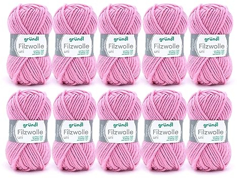 Gründl filtull uni (ull för filning, stickning och virkning, garn tillverkat av 100% ny ull, 50 g/50 m, nåltjocklek: 8 – 9, 10 x 50 g), rosa, 31 x 32 x 7,5 cm
