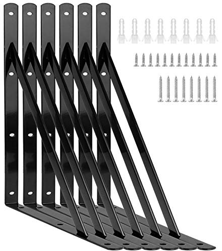 FWEEK Heavy Duty Triangle Shelf Brackets, 6Pcs 400mm Metal, Black - Wall Mount, Industrial-strength for Storage