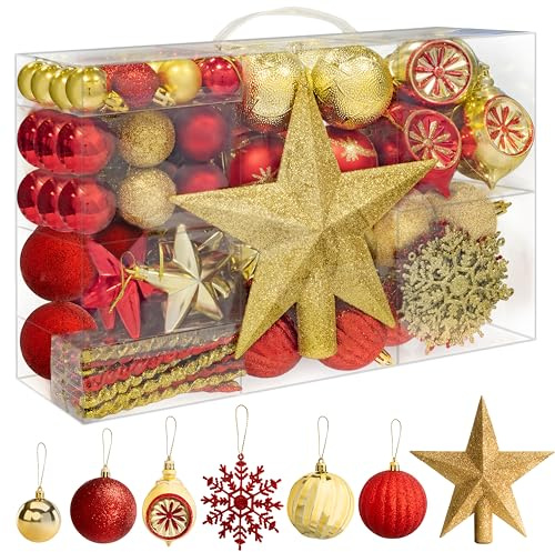 SA Products - 108 Pieces Christmas Baubles Set - Assorted Baubles - Gold & Red Decorations - Shatterproof Hanging Ornaments for Christmas Decorations - Balls, Stars, Snowflakes, Icicles Decor