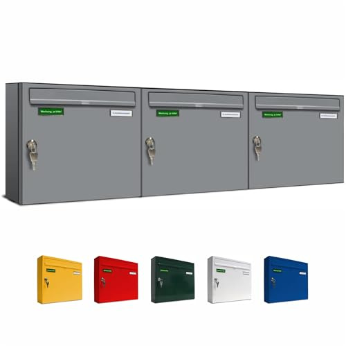 AL Briefkastensysteme Basic 3er Briefkasten RAL 9006 Weiß Aluminium Silber Edelstahl-farbig 3 Fach DIN A4 wetterfest Briefkastenanlage mit Posthaltebügel und 2 Namensschildern