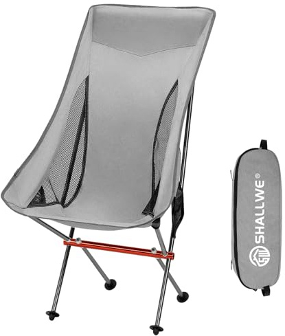 SHALLWE Ultraleichter, klappbarer Campingstuhl mit hoher Rückenlehne, verbesserte Aluminium-Struktur, Seitentasche und Tragetasche, kompakt und strapazierfähig für Outdoor-Rucksackreisen (Grau)