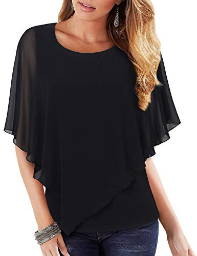 Vafoly Damen Rundhals Kurzarm Bluse Business Casual Chiffon Arbeitsbluse Top Leicht Fließender Überwurf für Den Strandurlaub Schmeichelhafter Doppellagiger Poncho Tunika Schwarz L