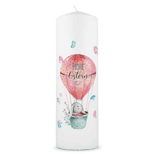 GRAVURZEILE Bedruckte Kerze - Osterkerze Frohe Ostern - Kerze mit niedlichem Osterhasen Motiv als Geschenk - Hochwertige Stumpenkerze 250/80 mm - Geschenkidee zu Ostern Ostergeschenk - Farbe: Rosa