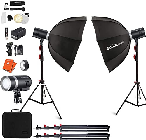 GODOX AD300 Pro Twin Studio Portable Flash Kit with AD-S85S Silver 85cm Softboxes, 300Ws Flash with TTL HSS 1/8000th High Speed Bi-Colour Modelling Lamp + 12 Month Extended Warranty Card (3 Yrs)