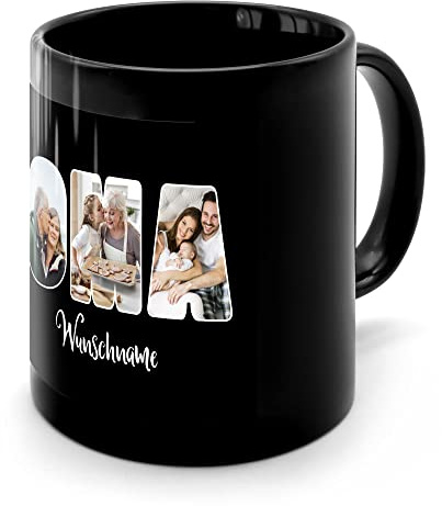 PhotoFancy® - Fototasse 'OMA' - Personalisierte Tasse mit eigenem Foto und Text selbst gestalten - Schwarz glänzend