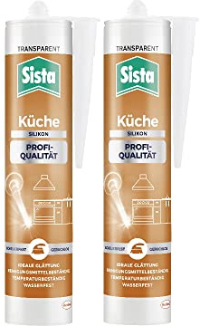 Sista Küche Profi-Qualität Silikon, scheuerfeste Fugenmasse für die Küche, wasserfestes Küchensilikon mit idealer Glättung, reinigungsmittelbeständige Dichtmasse, 2x280ml Kartusche, transparent