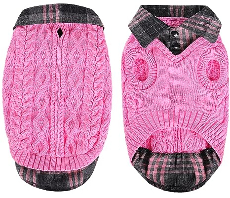 CITÉTOILE Vinter hundtröja för hundar, klassisk brittisk rutig skjortkrage, falsk två delar varm stickad hundtröja för valp hund katt, husdjurskläder outfit till jul/halloween, rosa, M