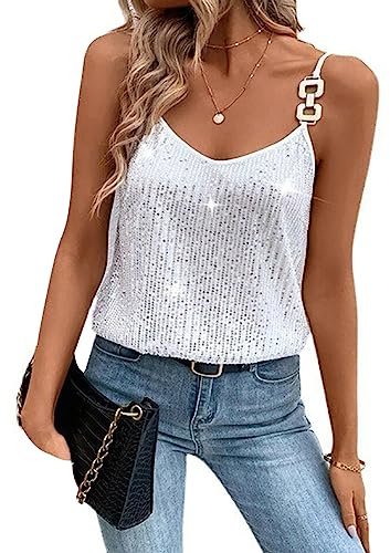 FeMereina Womens Sequin Top V Neck Strappy Sparkle Camisole Glitter Sleeveless Tanks Tops Chain Strap Shimmer Cami Party Vest (White, M)