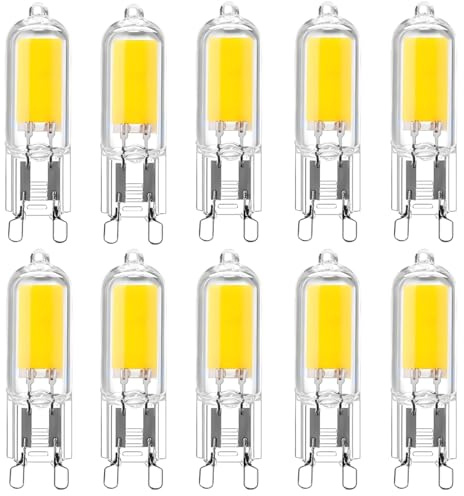 10-pack G9 2W Lampadine LED, Lampadine Alogene G9 da 25W, G9 2W COB LED Lampadine a Risparmio Energetico, Copertura in Vetro Trasparente, 6000K Bianco Freddo, 360 Grado, AC 220-240V, Non Dimmerabile