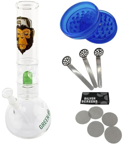 raupir Set Tabakpfeife Glasbong Greenline Höhe 32cm Mundstück abgerundet ø 50mm Bong mit Perkolator Glaskopf Chillum 18,8mm Siebe Acrylgrinder