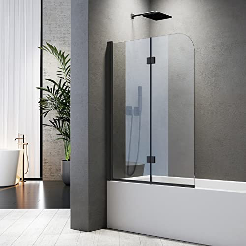 Duschwand für Badewanne Faltbar 100 x 140 cm Badewannenfaltwand 2 teilig Schwarz Duschfaltwand für Badewanne aus gehärtetem Sicherheitsglas mit NANO Beschichtung