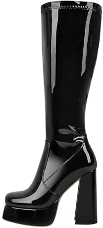 MissHeel Bottes à plateforme - Talon bloc - Talons hauts - Bout carré - Noir, Noir , 44 EU