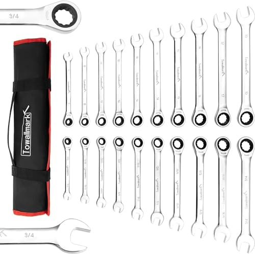 Towallmark Juego de llaves combinadas de trinquete de 20 piezas, cabeza fija y 72 dientes, SAE 1/4-3/4 pulgadas y métricas de 6-19 mm, acero al cromo vanadio con bolsa de almacenamiento
