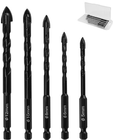 FINELYCR 5 Pezzi Punta Trapano per Vetro, Punte Trapano Gres Porcellanato, Punte Trapano in Carburo, Stabile, per Piastrelle Ceramica, Cemento, Vetro (Ø5, 6, 8, 10, 12 MM)
