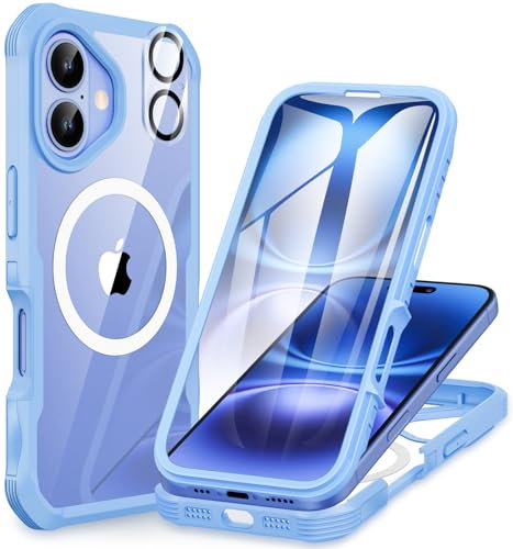 CENHUFO Compatible with iPhone 16 Case Fits for Magsafe, Built-in Glass Screen Protector with Camera Lens Protector, 360 Full Body Shockproof Protective Phone Case for iPhone 16 6.1 Inch -Blue