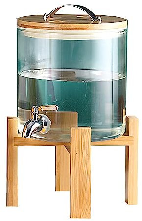 Dispenser per bevande in vetro, con rubinetto in acciaio inox, 5 L/8 L/10 L, dispenser per bevande a prova di perdite, con supporto in legno, facile da riempire, per feste, eventi, brocca in vetro