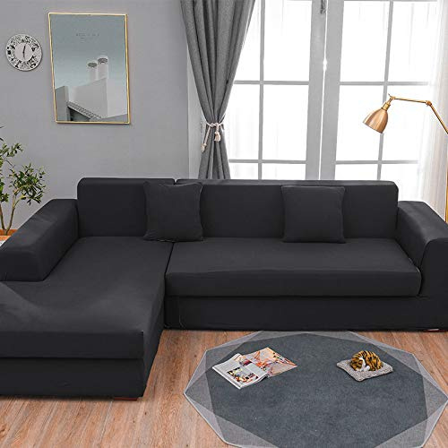 Sofaschoner Schwarz Sofaüberwurf Weich Spandex Sofaschoner rutschfest Couch Überwurf Waschbare Sofa Überzug Sofabezug mit Elastischen Riemen Sofabezug L Form Universelle 3 Sitzer