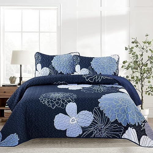 WONGS BEDDING Copriletto 220 x 240 cm, blu marino, morbido copriletto estivo trapuntato, per letto matrimoniale, in microfibra, con 2 federe 50 x 75 cm