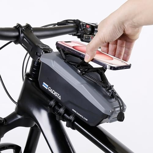 GADISTA Sacoche Vélo Cadre Support Téléphone Étanche VTT VAE Route | Écran tactile, 4 velcros, pare-soleil et bandes réfléchissantes, avec rangement séparé 1,5 L