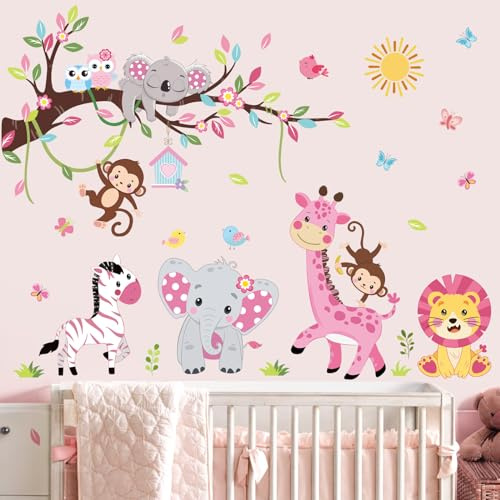 wondever Wandtattoo Waldtiere Baum Ast Rosa Wandsticker Elefant Giraffe | Abziehen und Aufkleben, Abziehbar, Wandaufkleber Selbstklebend für Kinderzimmer Mädchen Babyzimmer Mädchenzimmer Wanddeko