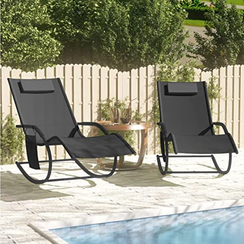 LAPOOH Schaukelliegen 2 STK Liegestuhl Balkon, Gartenliege, Sonnenliege, Deckchair, Saunaliege, Liege Outdoor, Sonnenstuhl, Schwarz Stahl und Textilene