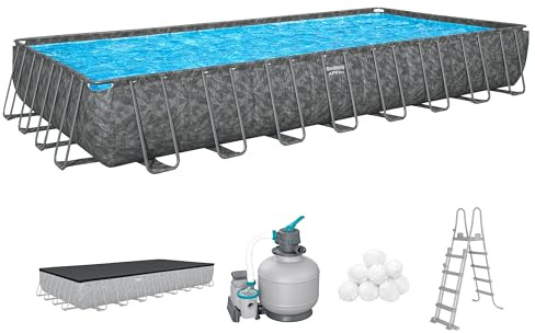 Bestway APX365 Winterfestes Frame Pool Komplett-Set, 956 x 488 x 132 cm, 52.231 L, Sandfilteranlage, Polar-Shield Ganzjahresschutz, ClickConnect System, Marmor-Optik, Sicherheitsleiter, Abdeckplane