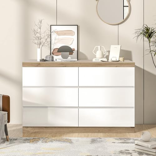 BENMWS Cómoda con 6 cajones, Color Blanco+Armario de Roble, función de Almacenamiento, para Dormitorio y Sala de Estar, Tablero de partículas E1