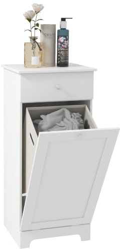 HOMCOM Badezimmerschrank, Badezimmermöbel mit faltbarem Wäschekorb, Aufbewahrungsschrank mit Schublade – 40 x 40 x 90,5 cm (L x B x H) – Weiß