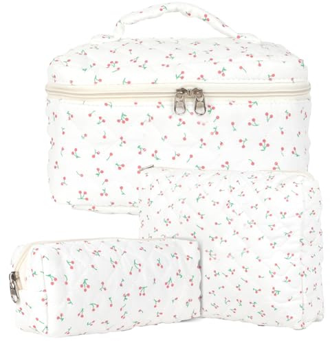 3pcs Beauty Case da Viaggio Donna, Cotone Grande Borsa Cosmetica da Viaggio, Floreale Trousse Trucchi Donna, Borsa Porta Trucchi da Toilette Makeup Bag Organizer per Donne e Ragazze